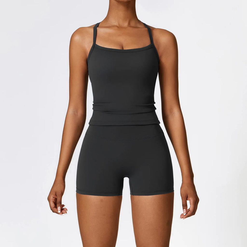 Women's Brushed Yoga Set with Padded Sports Bra & High Waisted Shorts Comfort Workout Outfit Matching Lounge Set